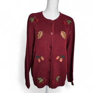 Crystal-Kobe Vintage Dark Red Fall Leaf Acorn Novelty Cardigan Sweater Size XL